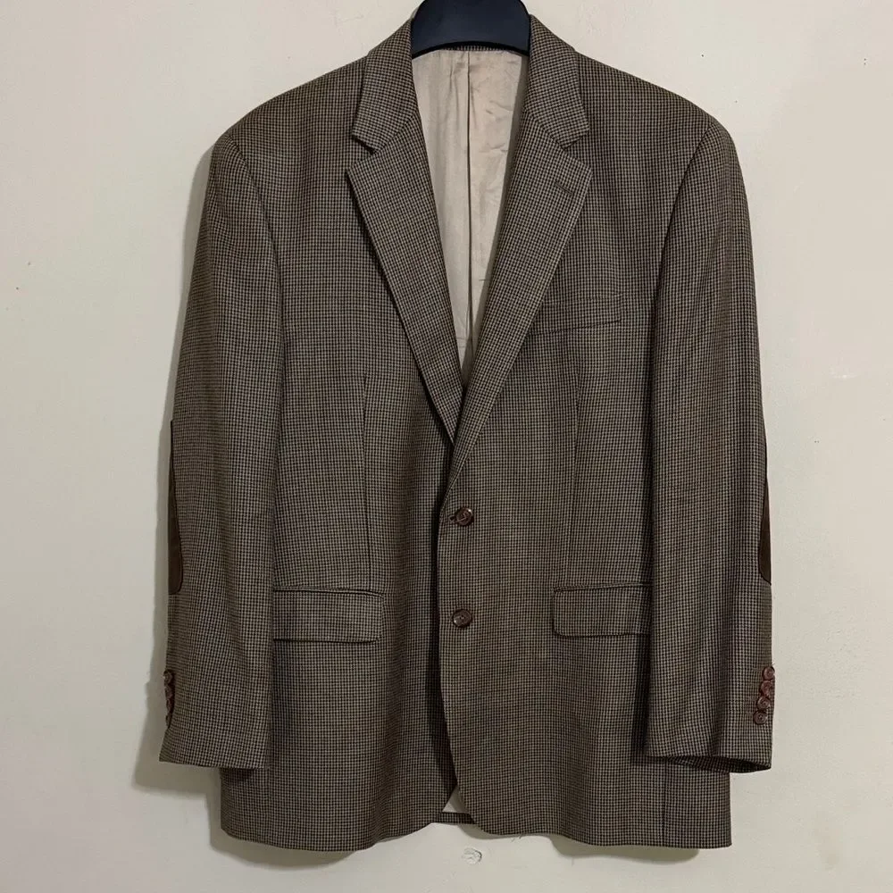 Ralph Lauren Silk Blend Brown Houndstooth Men's Blazer Elbow Patches size 42R
